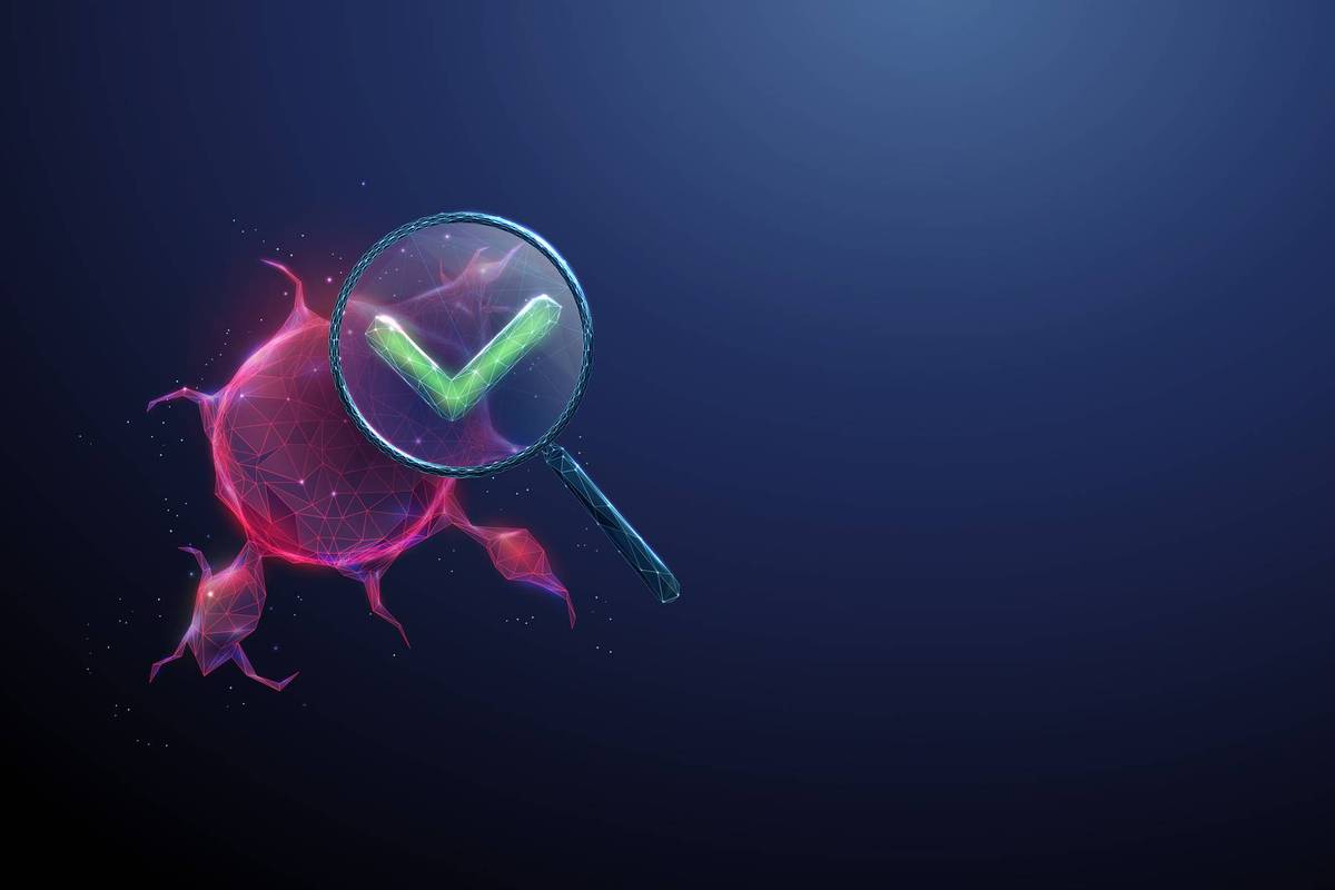3d tumor under magnifying glass with green check mark