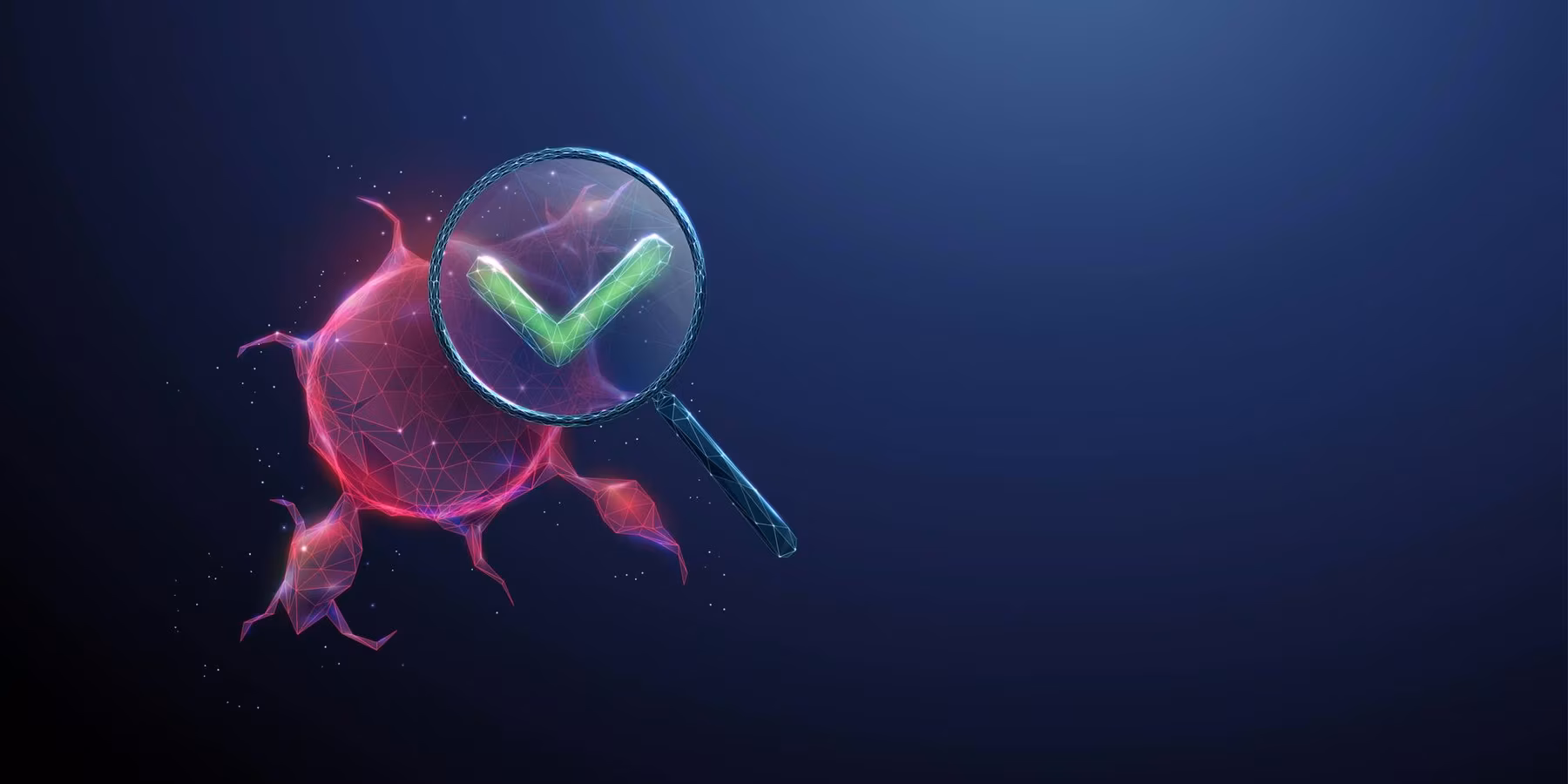 3d tumor under magnifying glass with green check mark
