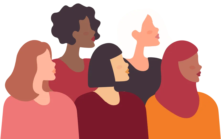 A group of women of different races and faiths are looking in the same direction