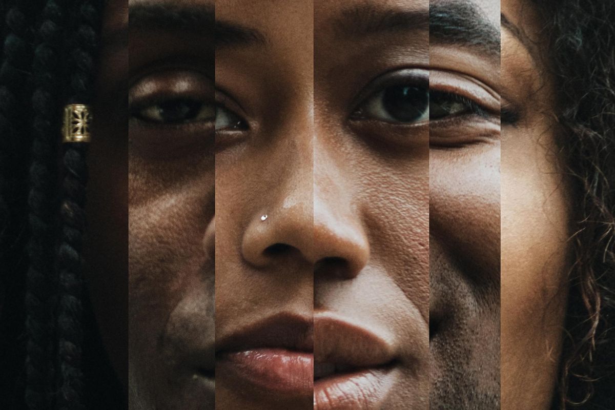 A montage blend of African American faces close up, both men and women with different shades and colors in skin tone. Melanin beauty.