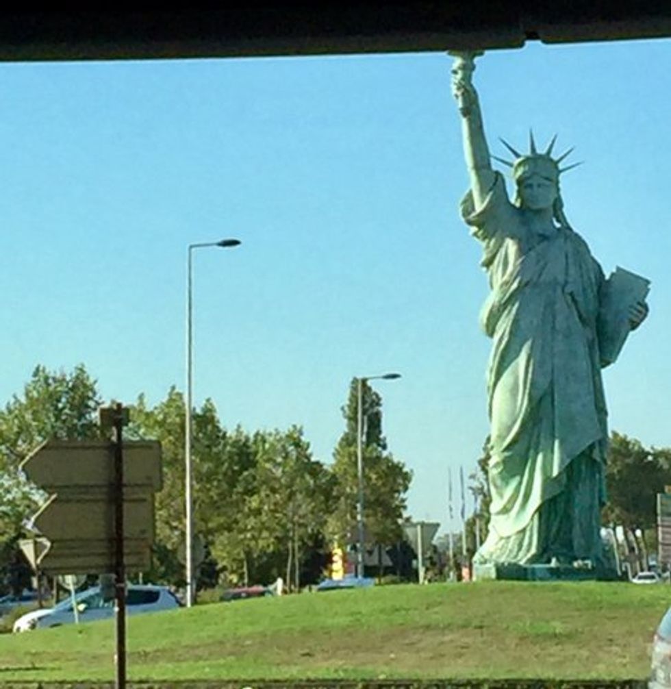 A replica of the Statue of Liberty stands at the entrance to Colmar.