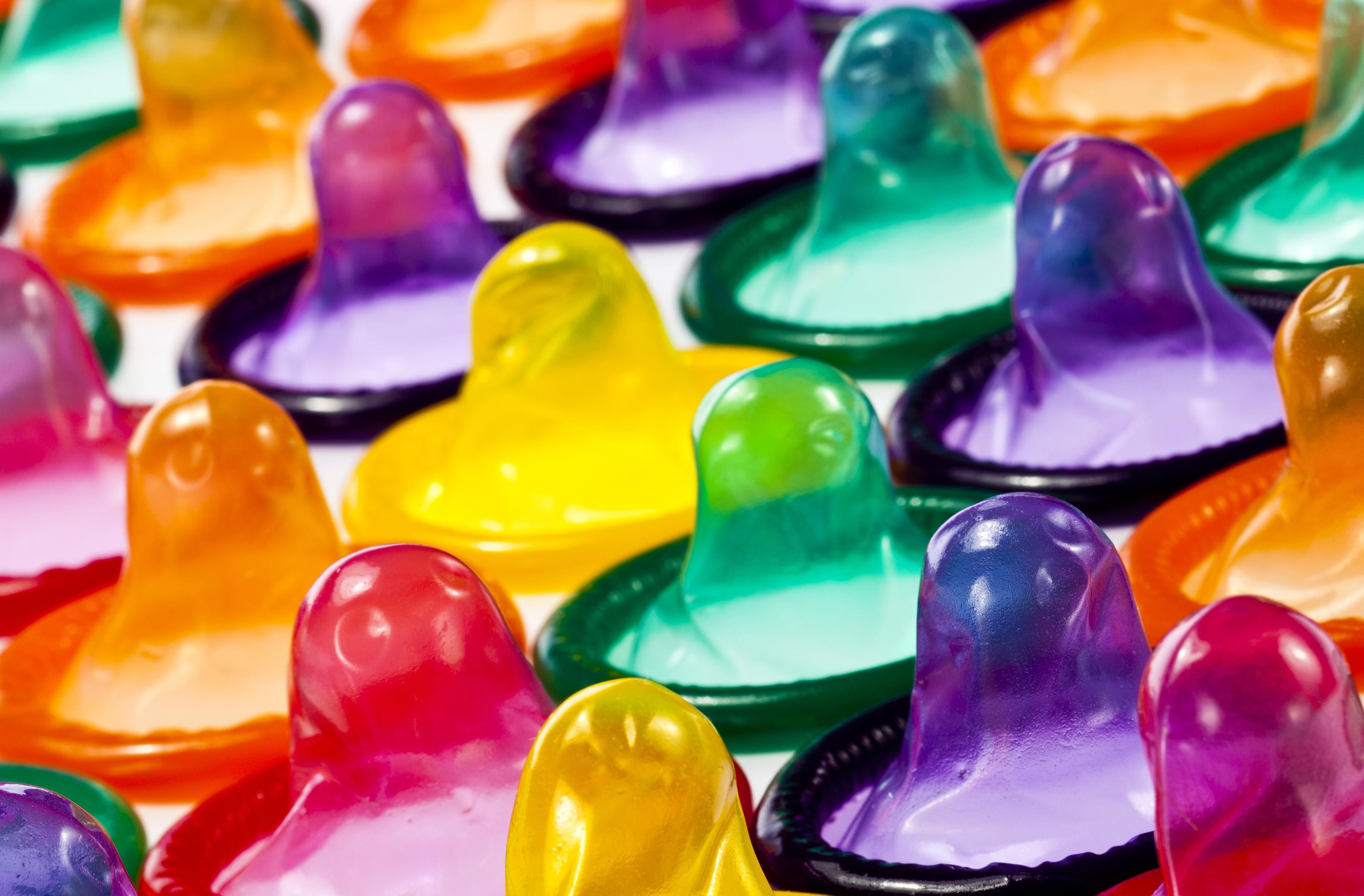 Arrangement of condoms in bright colors
