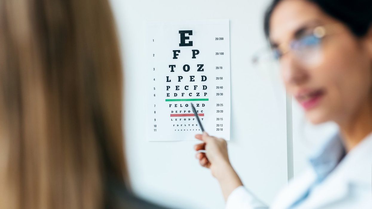 Beautiful female optician doing eye exam with eye chart on her patient in ophthalmology clinic