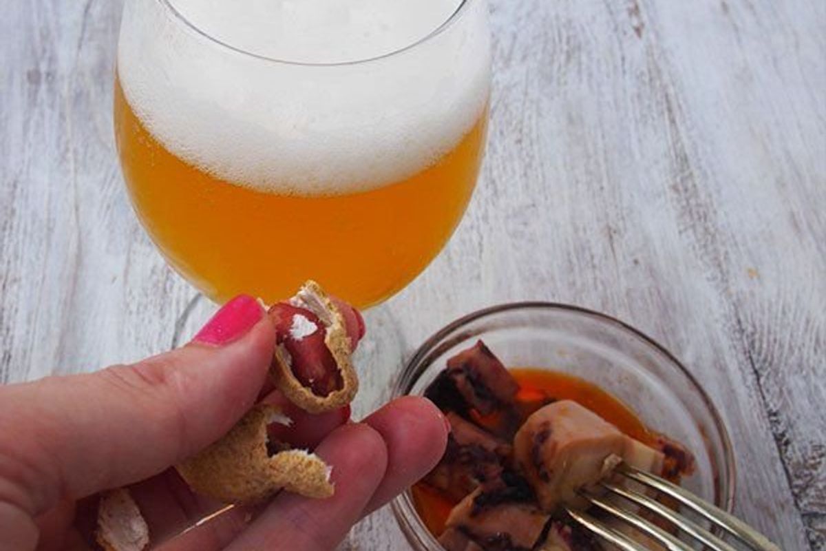 beer with peanuts and snacks