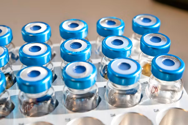 Bottles (vials) arranged in an autosampler magazine
