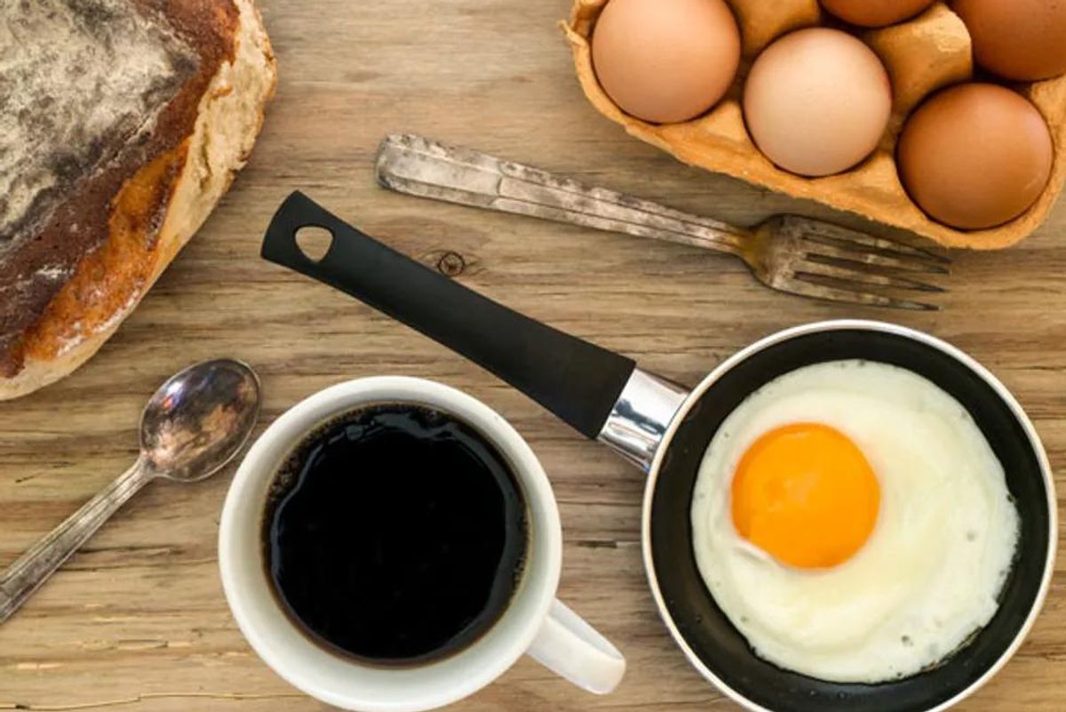 breakfast spread including coffee, eggs and bread