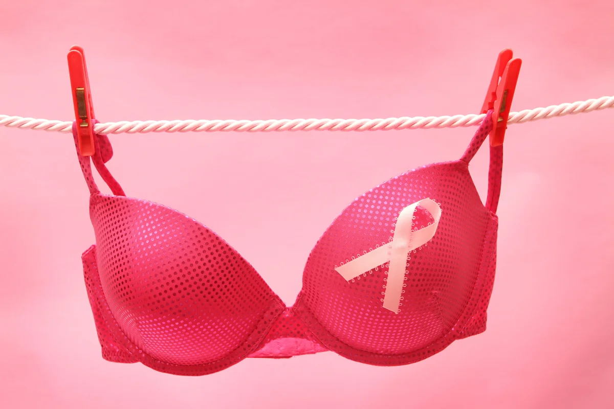 Breast Cancer awareness ribbon on bra on clothes line