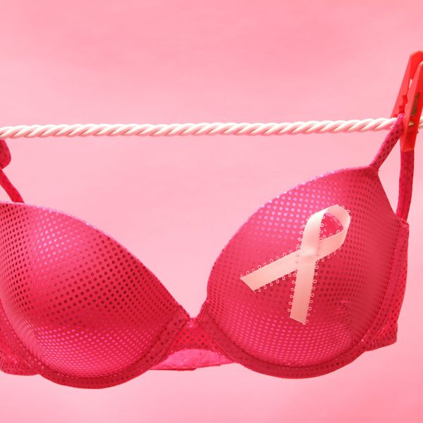 Breast Cancer awareness ribbon on bra on clothes line