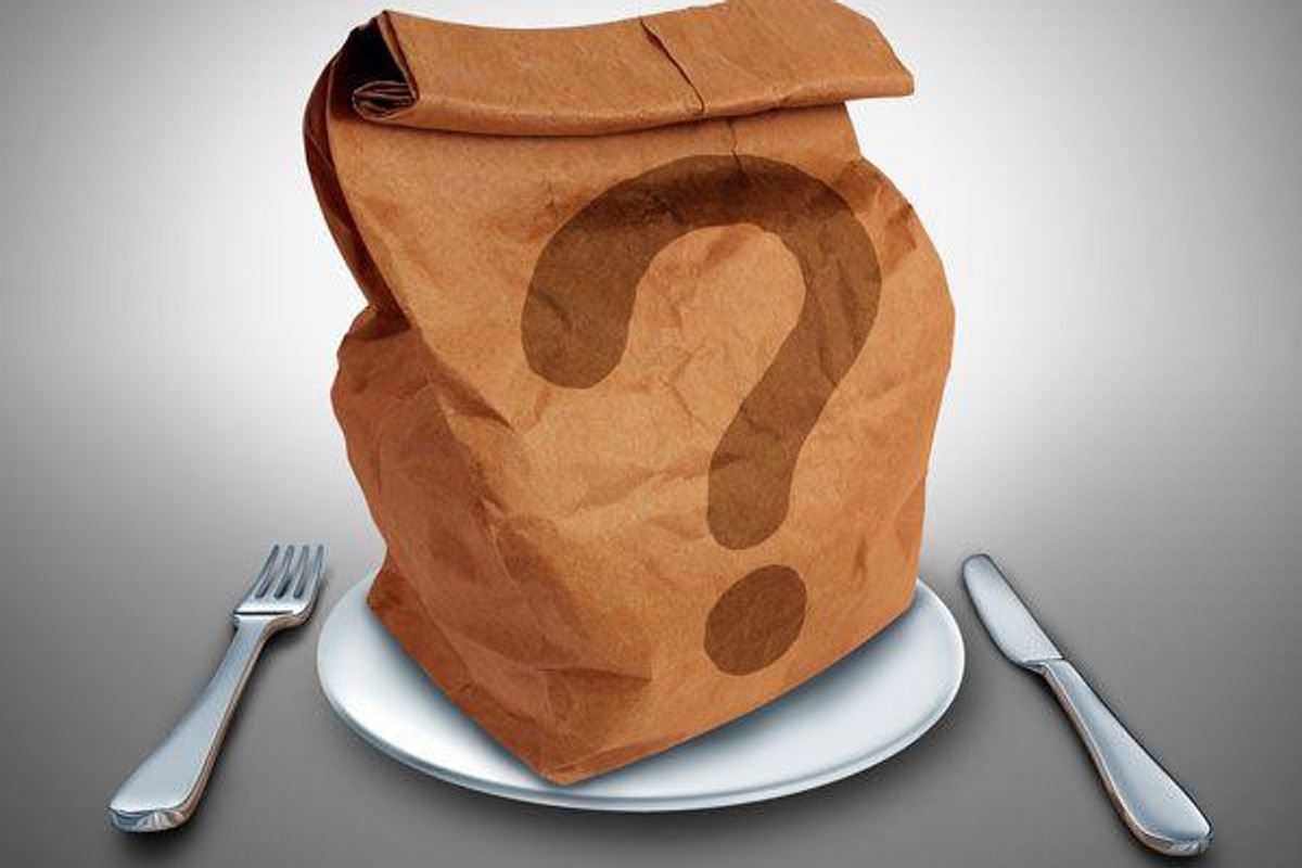 brown paper bag with a question mark on a plate