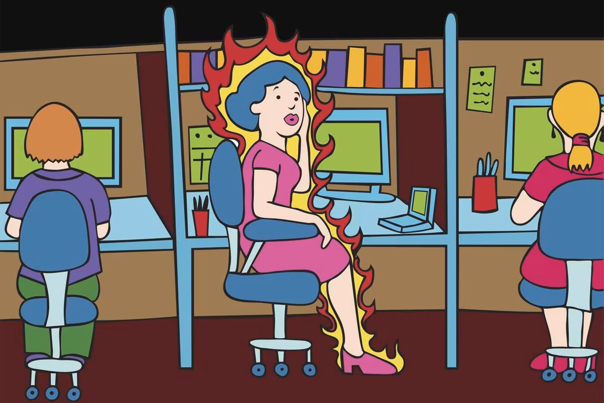 cartoon of a woman having a Hot Flash in the Office