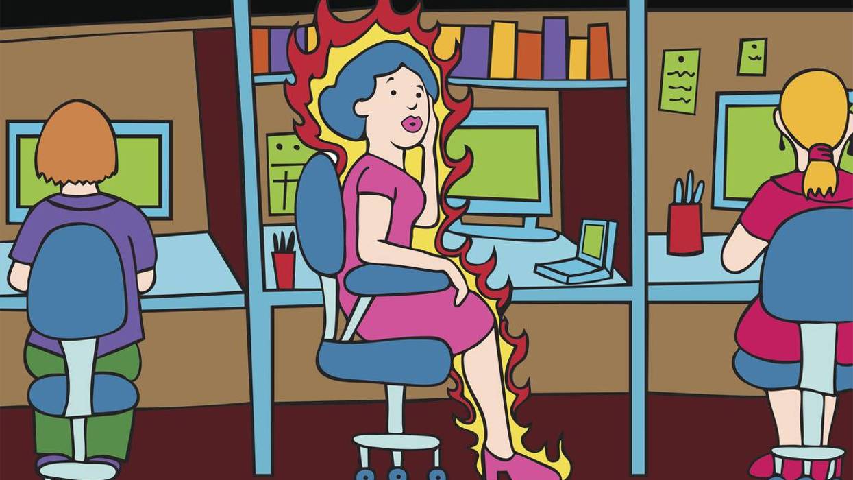 cartoon of a woman having a Hot Flash in the Office