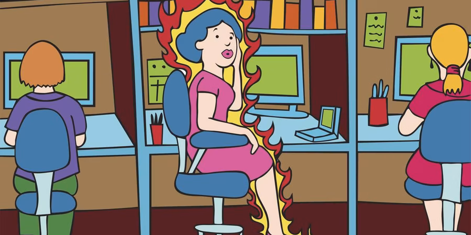 cartoon of a woman having a Hot Flash in the Office