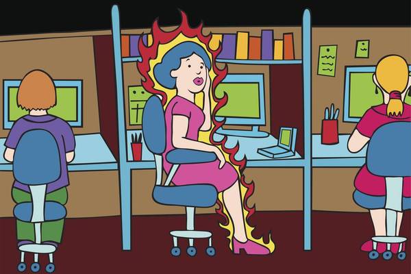 cartoon of a woman having a Hot Flash in the Office