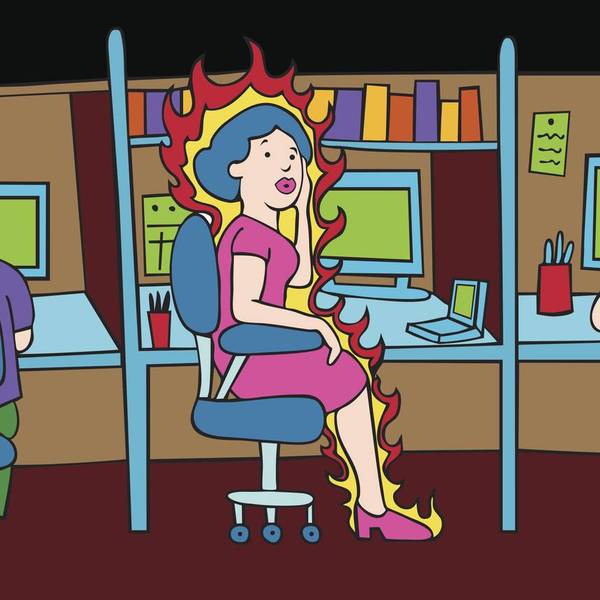 cartoon of a woman having a Hot Flash in the Office