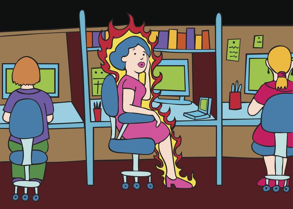 cartoon of a woman having a hot flash in the office