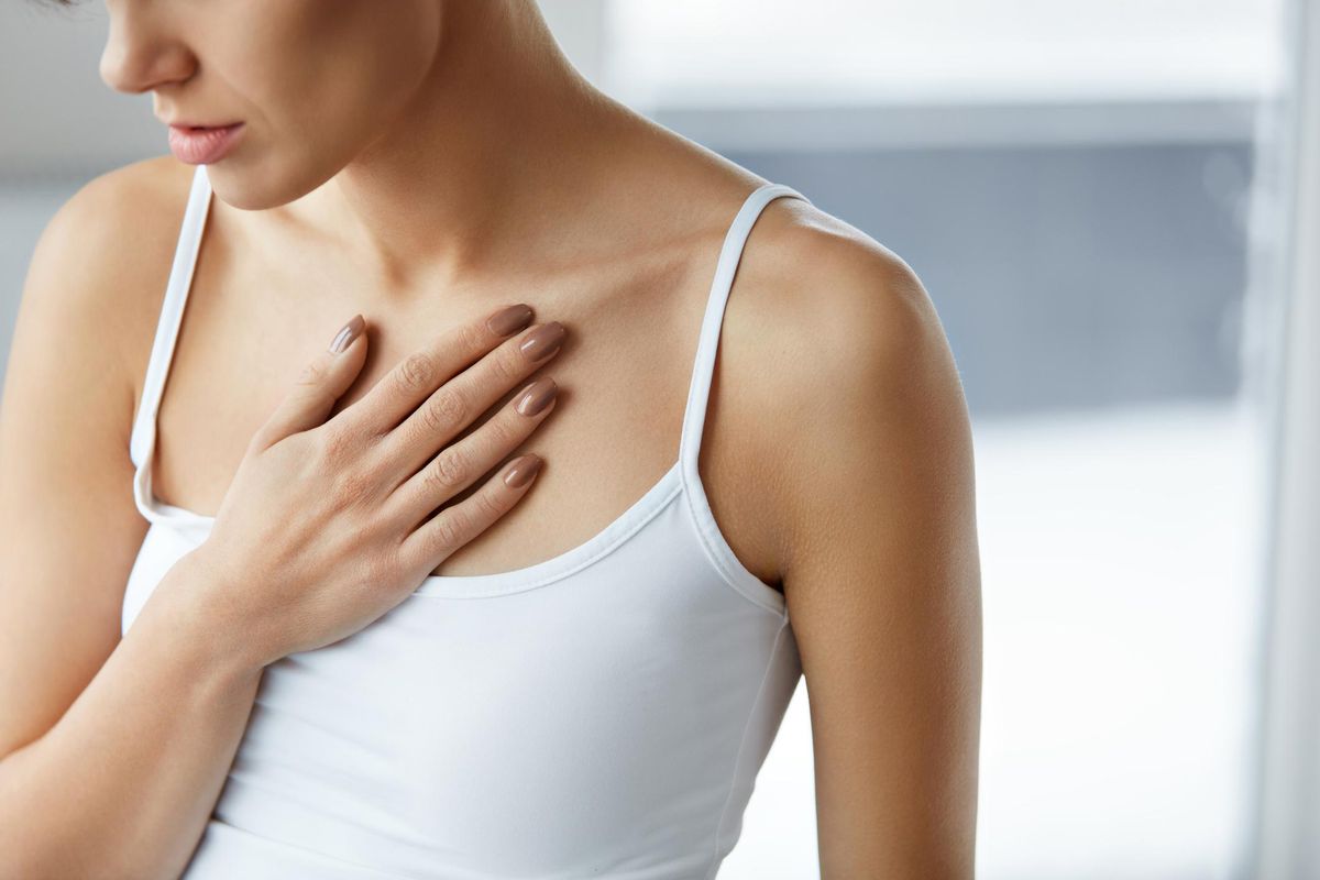 Closeup Female Body, Woman Having Pain In Chest