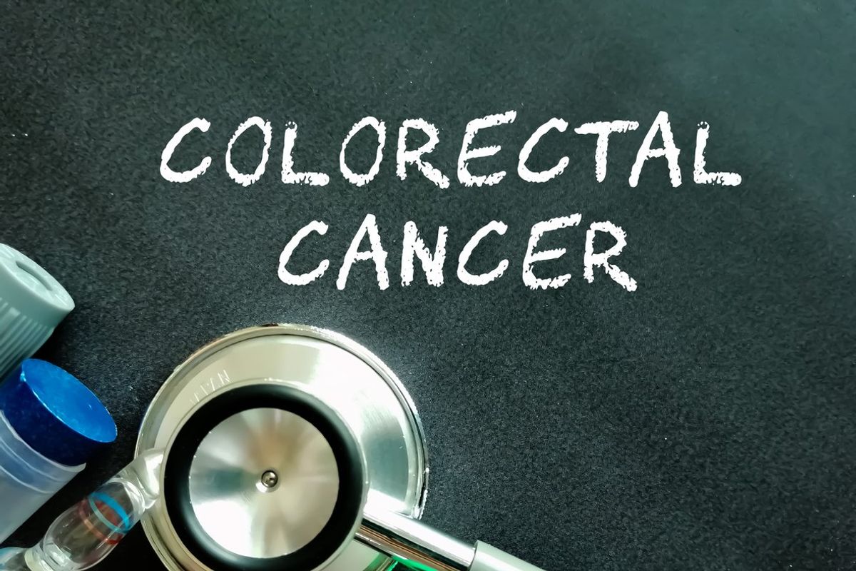 colorectal cancer word, medical term word with medical concepts in blackboard and medical equipment
