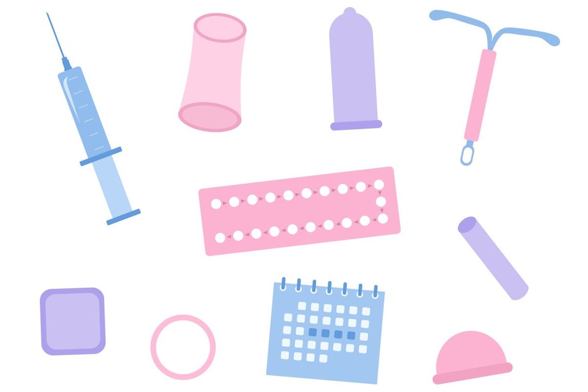 Contraception Methods With Contraceptive Patch, Intrauterine Device, Hormonal Ring, Condom, Diaphragm, Pills, Injection And Calendar Method. Birth Control And Pregnancy Prevention