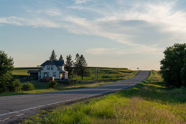country road lined with fields and a white farmhouse