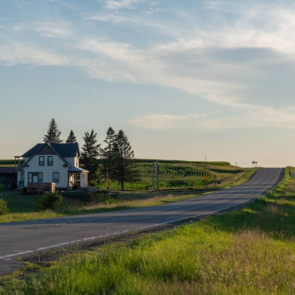 country road lined with fields and a white farmhouse
