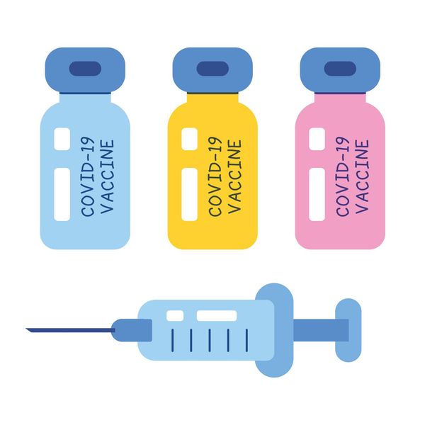 COVID-19 vaccine vial bottles and medical syringe