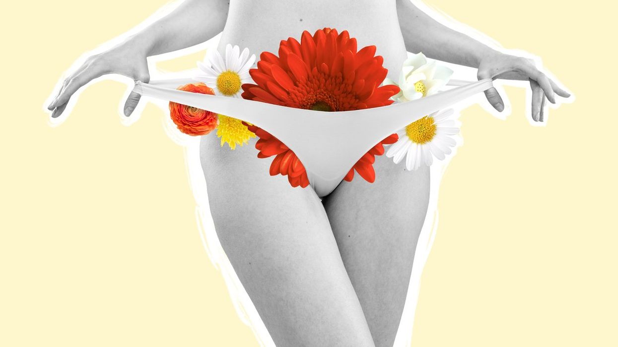 Cropped image of female body and flowers isolated on yellow background