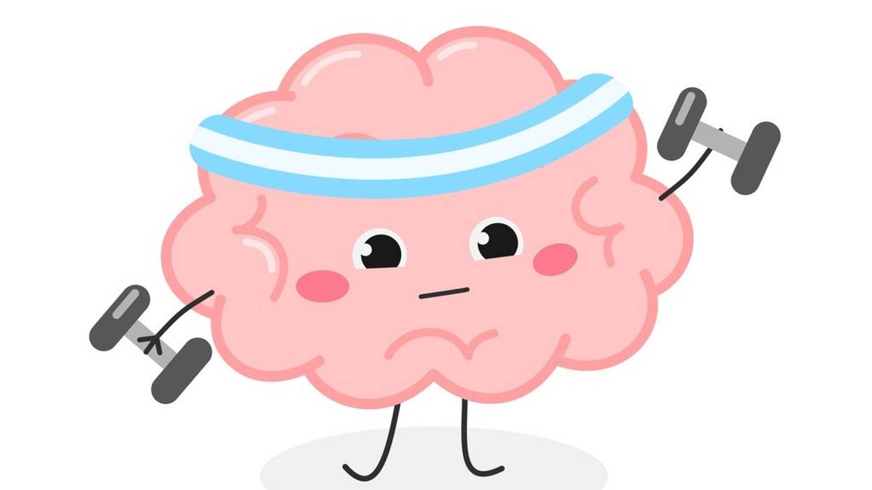 Cute funny cartoon brain training with dumbbells