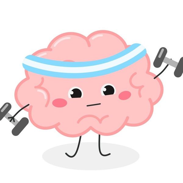 Cute funny cartoon brain training with dumbbells