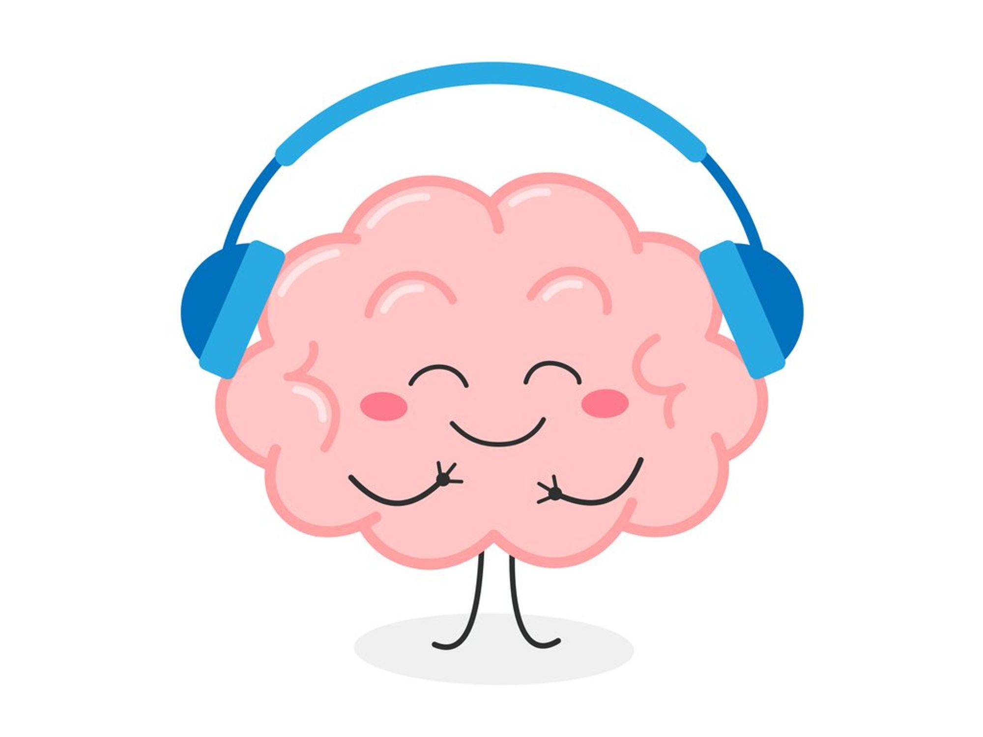 Cute joyful human brain organ character listening music in headphones