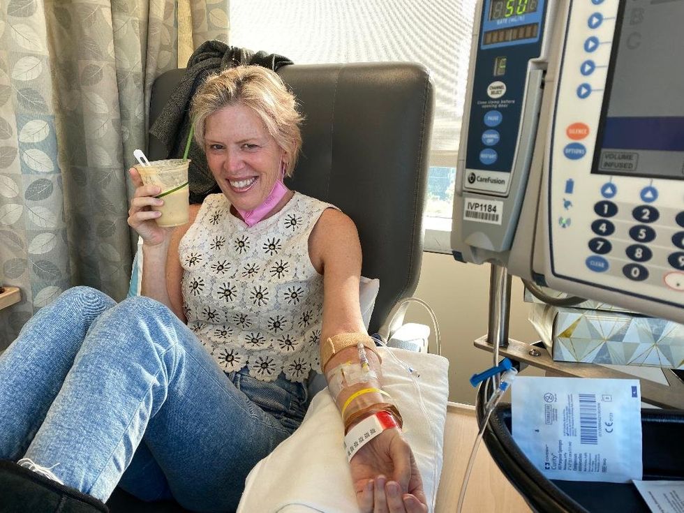 Cynthia receiving an immunotherapy infusion.  2022.