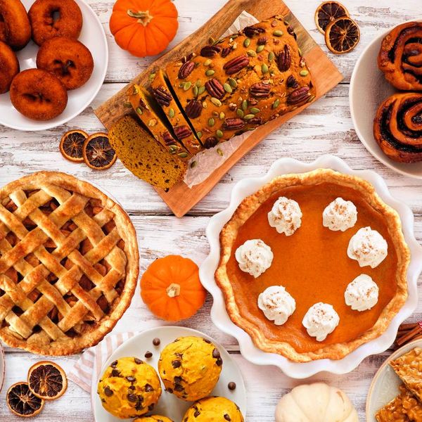 desserts table scene with a variety of traditional fall sweet treats