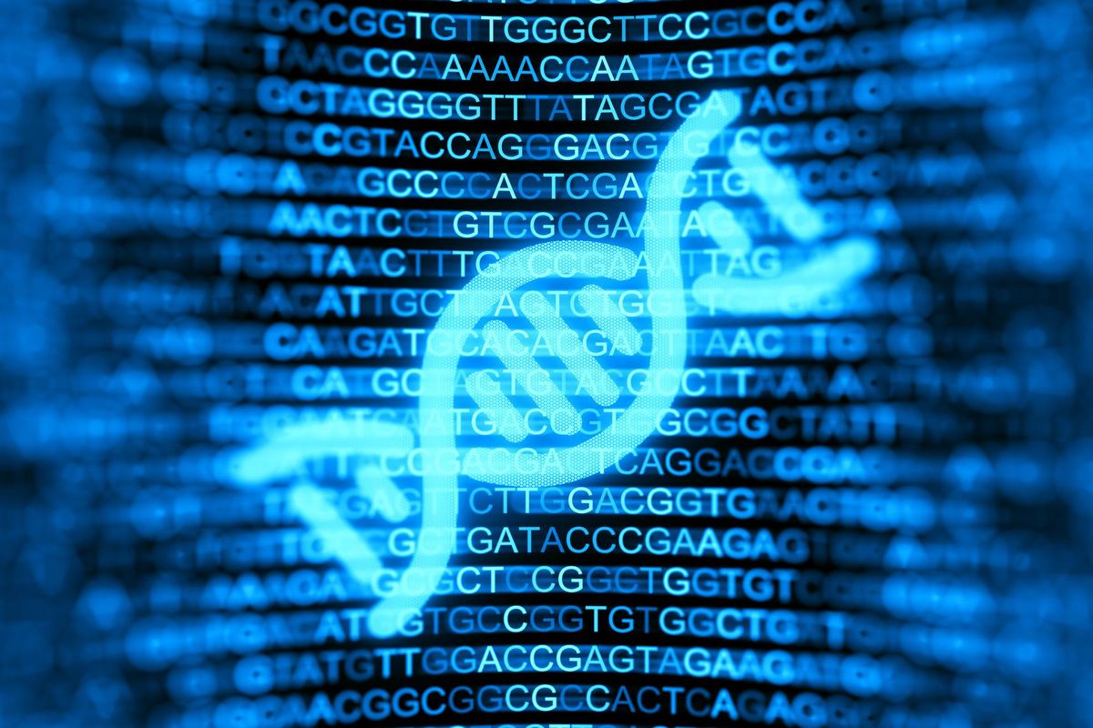 Digital screen with DNA strands and data background