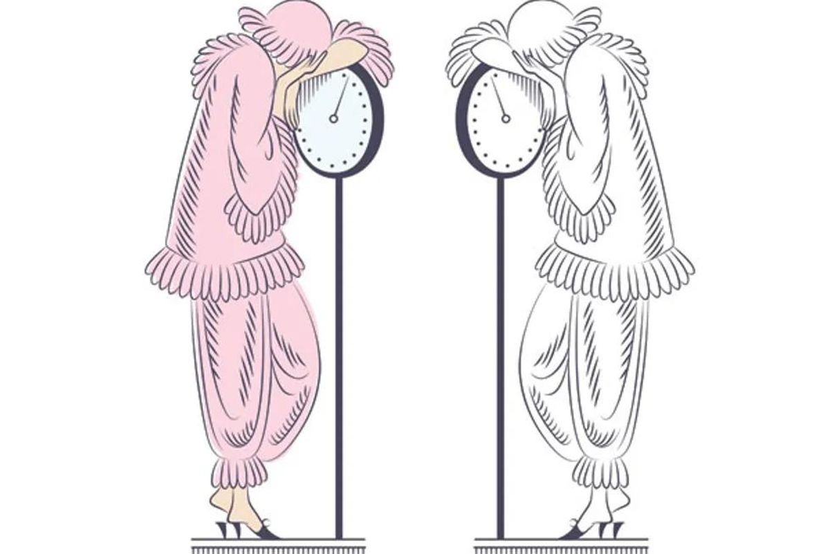 drawing of epressed looking women standing on scales