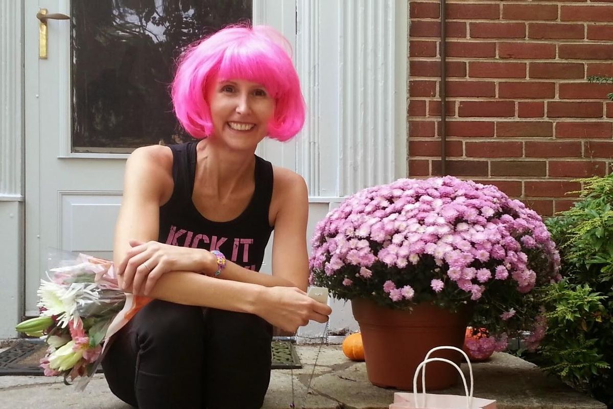 Erica Rimlinger in a pink wig