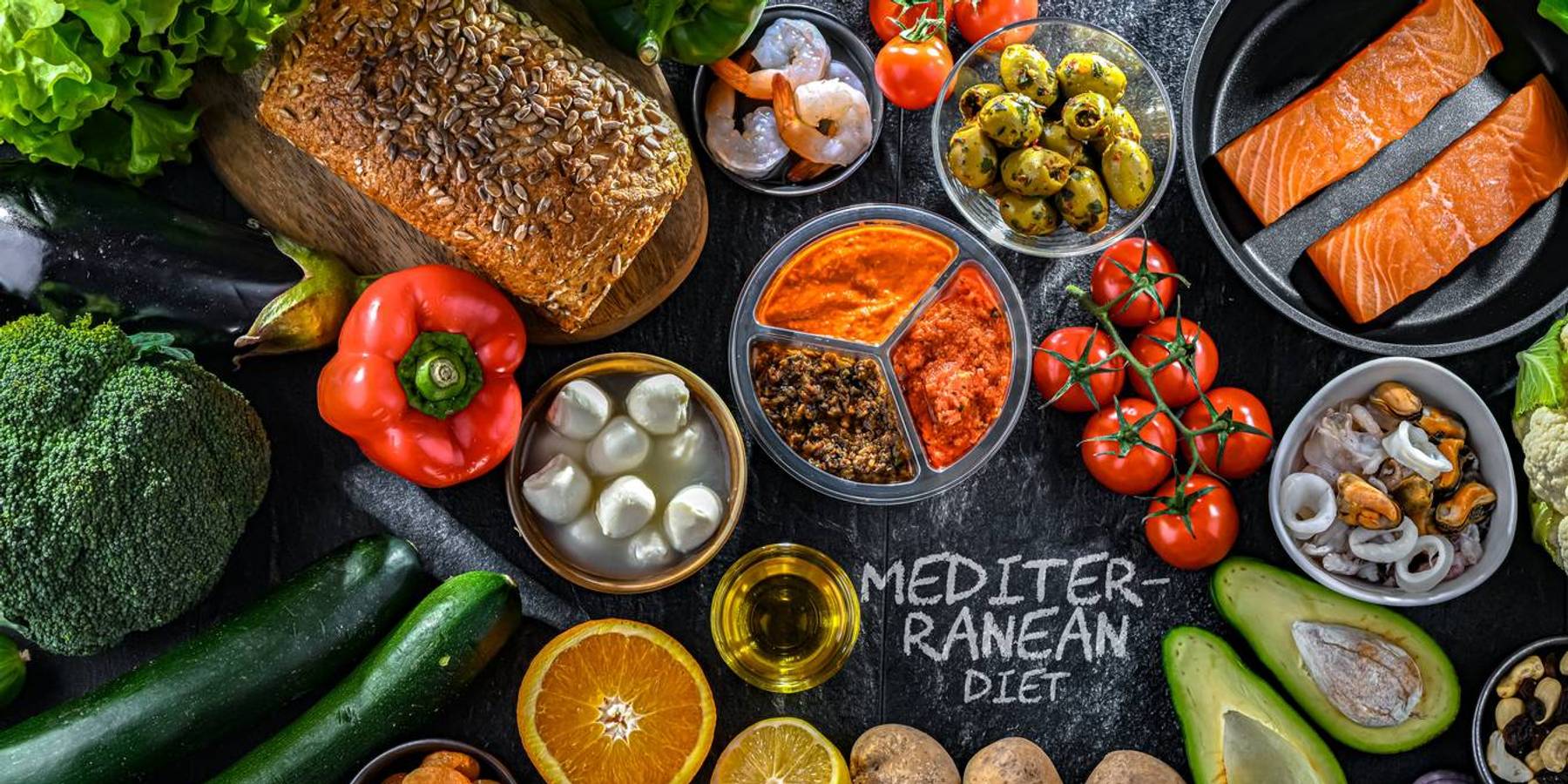 Food products representing the Mediterranean diet
