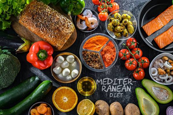 Food products representing the Mediterranean diet