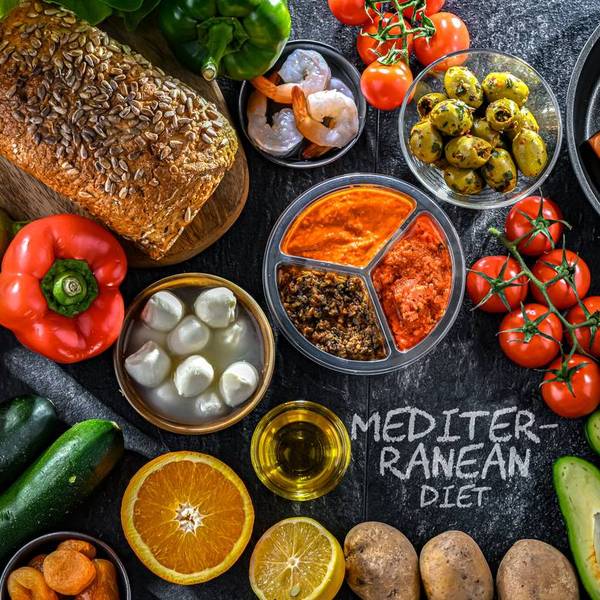Food products representing the Mediterranean diet