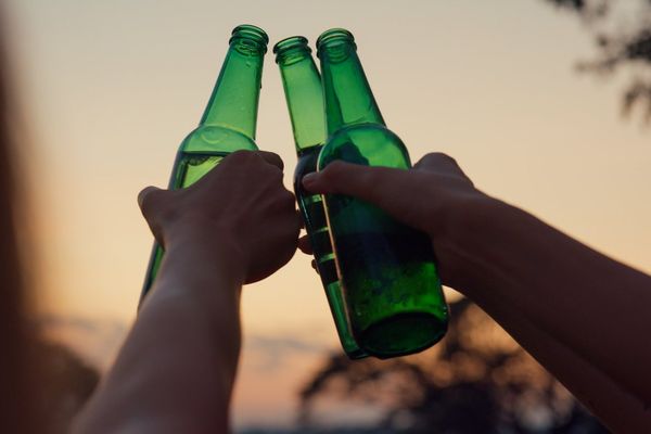 friends having fun, drinking bottled beer together