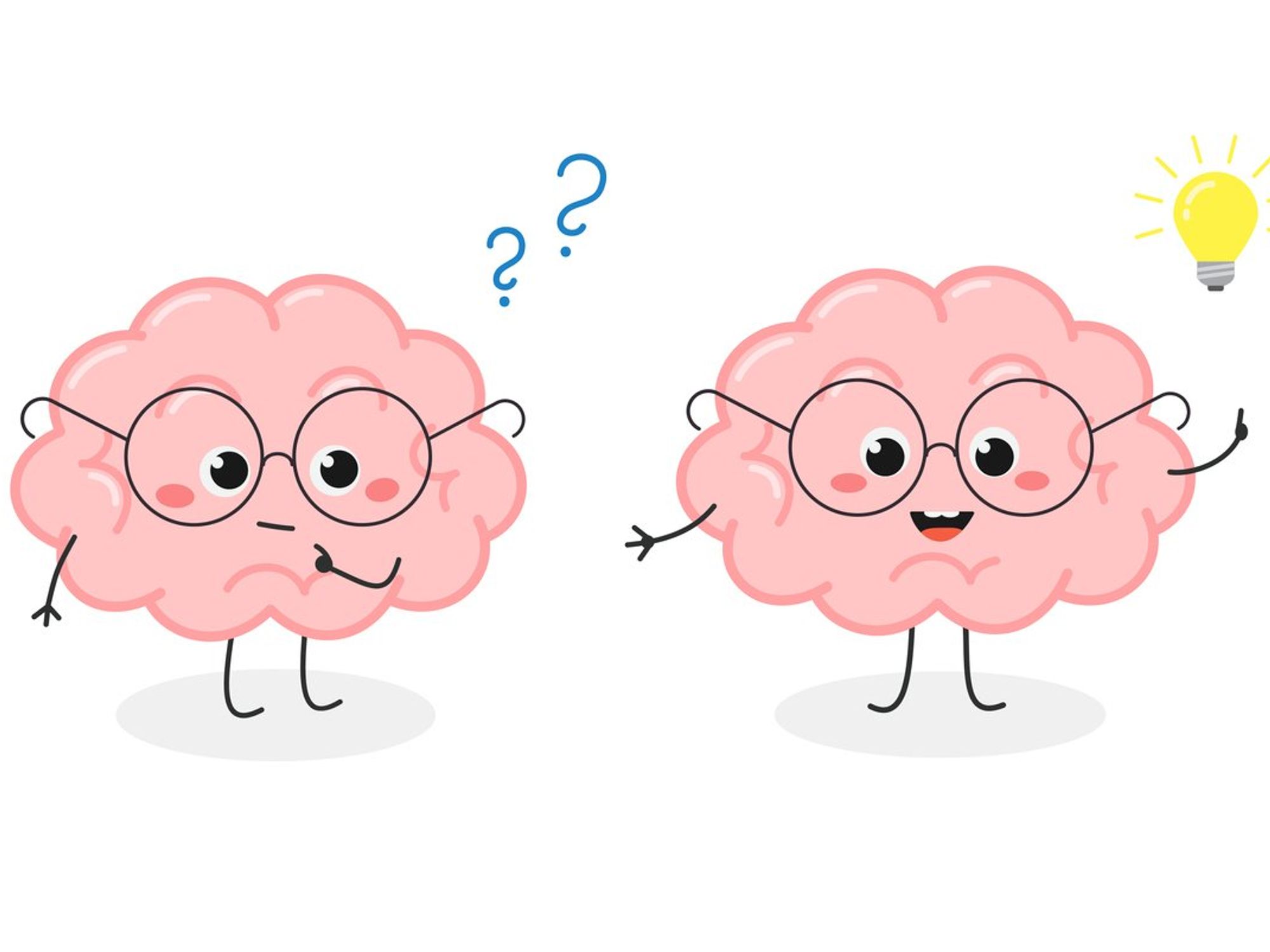 Funny nerdy brain character in glasses finding a solution concept with question mark and lightbulb idea symbol