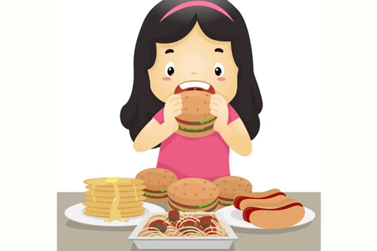 girl eating a lot of food