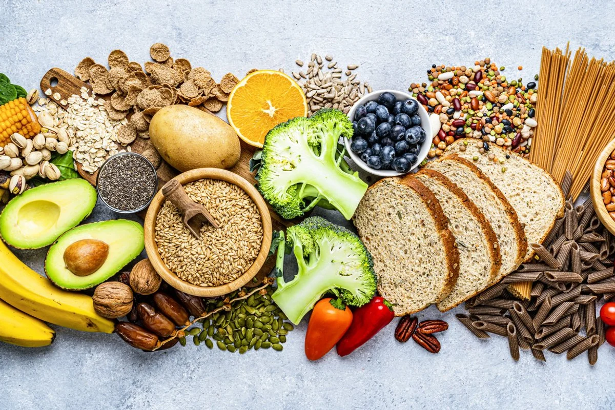 Group of food with high content of dietary fiber arranged side by side