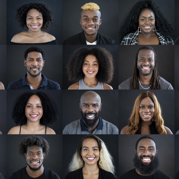 Headshot portraits of diverse black people smiling