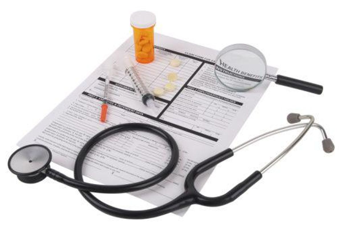 health insurance form, pill, syringe, stethoscope