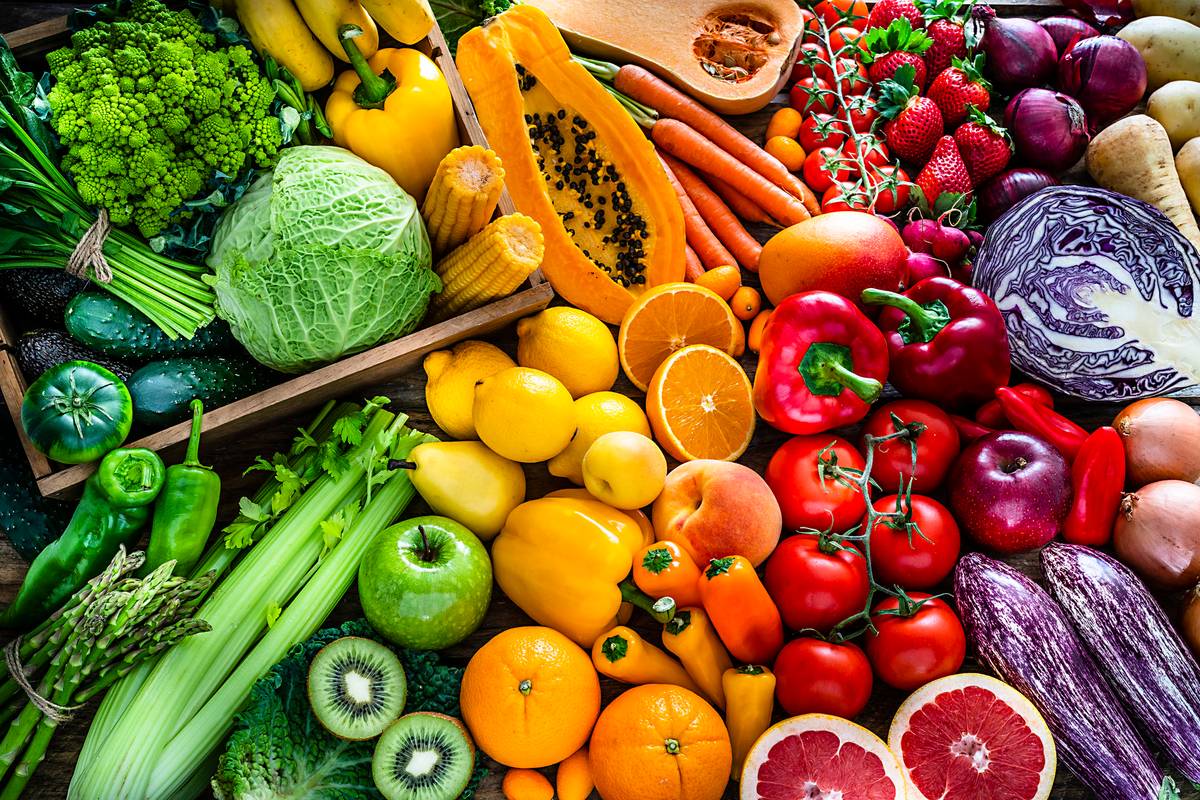 Healthy fresh rainbow colored fruits and vegetables