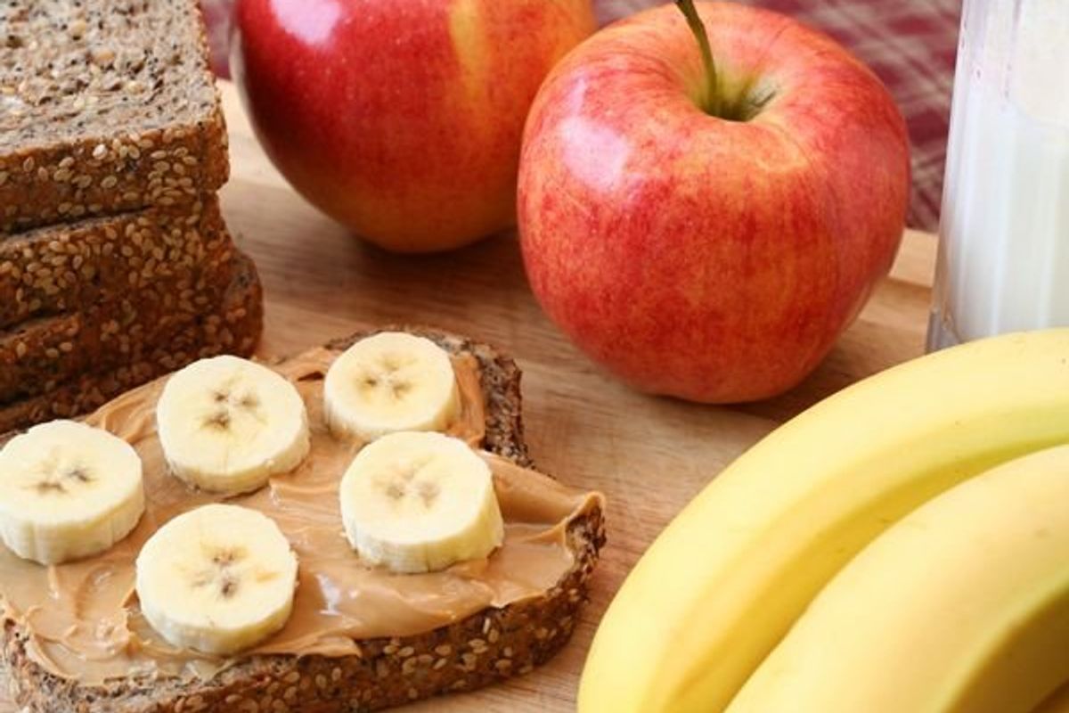 healthy snacks - apples, peanut butter, bananas