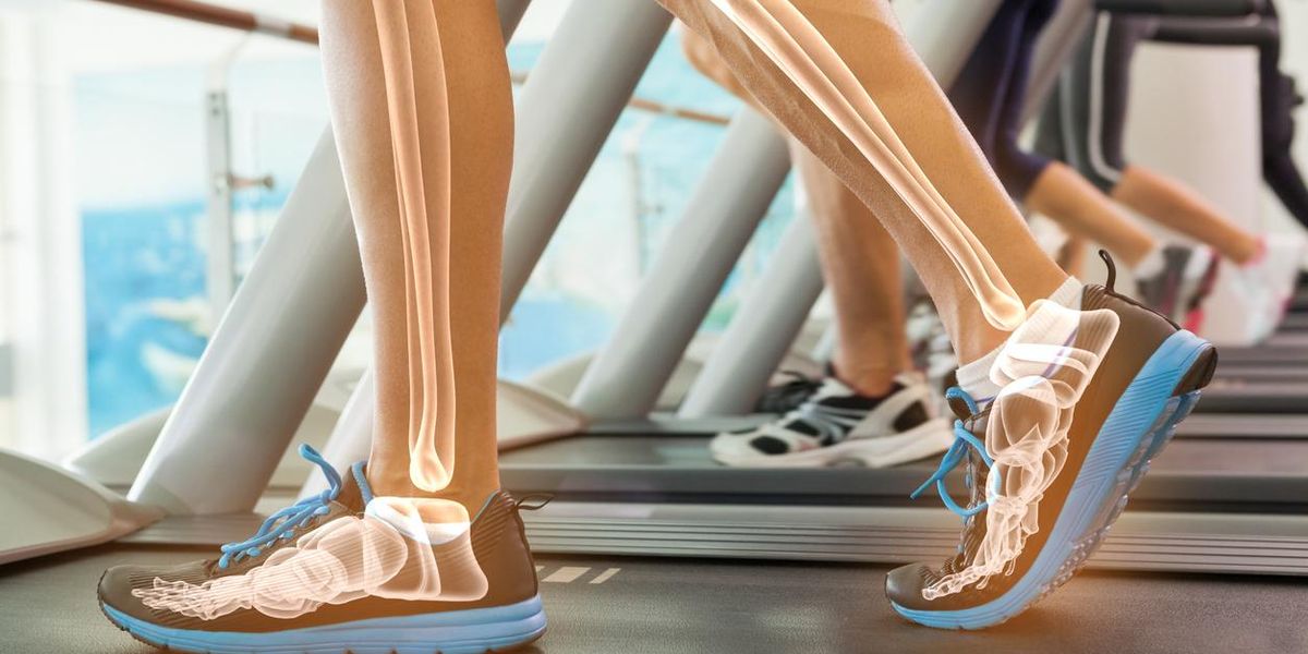 Highlighted bones of person on treadmill