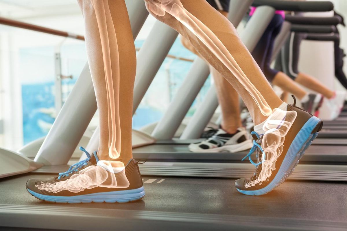 Highlighted bones of person on treadmill