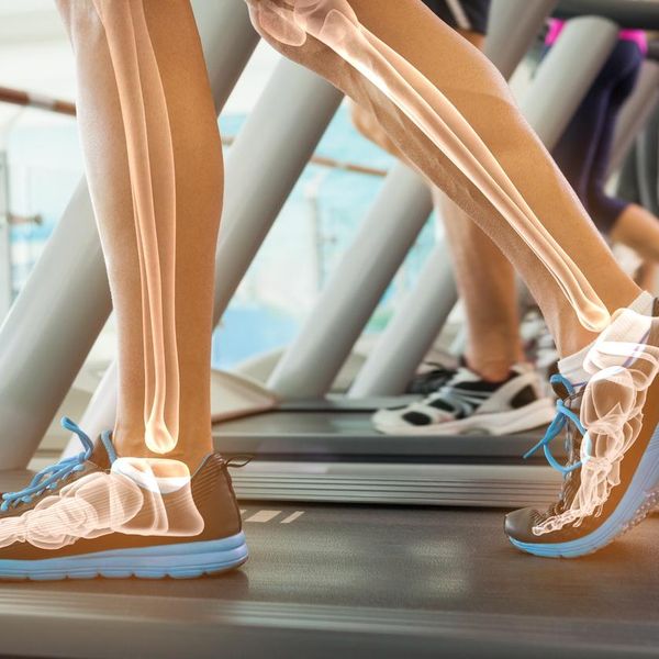 Highlighted bones of person on treadmill