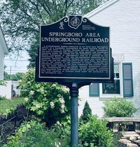 Historical sign marking the significance of Springboro, Ohio, in the abolitionist movement