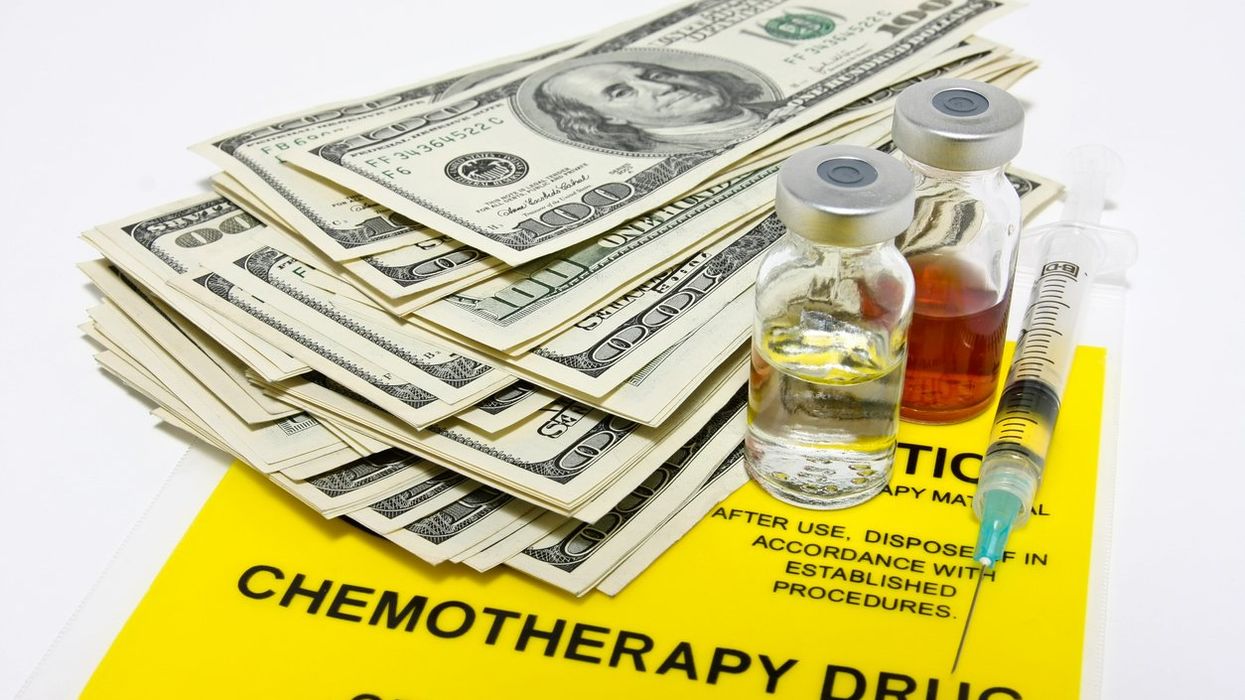 hundred dollar bills and drug vials + syringe on top of a chemotherapy transport bag